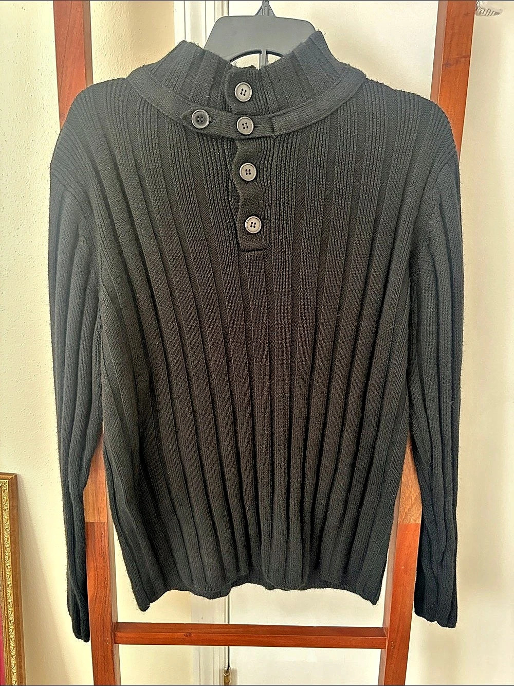DORSIA Black Button Neck Ribbed Sweater